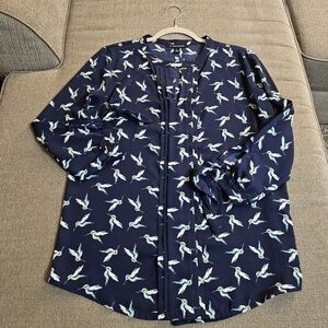 41 Hawthorn Blue White Bird Casual Office Career Work Top Blouse Size Medium